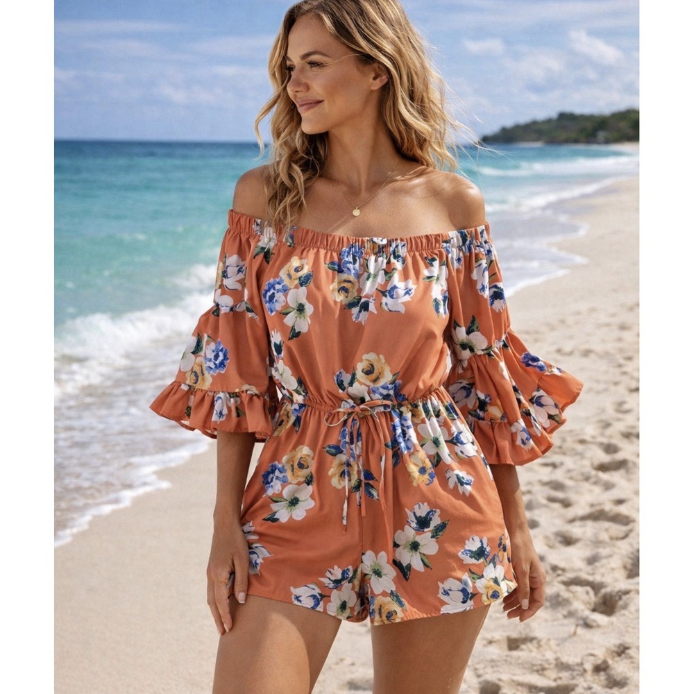 Blush Floral Romper L Flare Bell‎ Sleeves Flowy Cover Up Beach Shorts Coral Boho